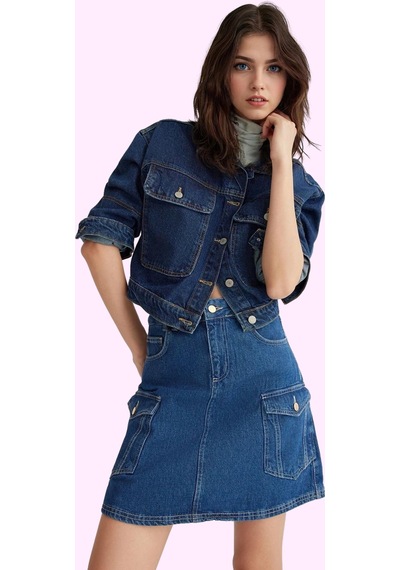 Frm Kadın Pamuklu Denim Kargo Cepli Mini Etek Rahat Günlük Stil Hafta Mavi