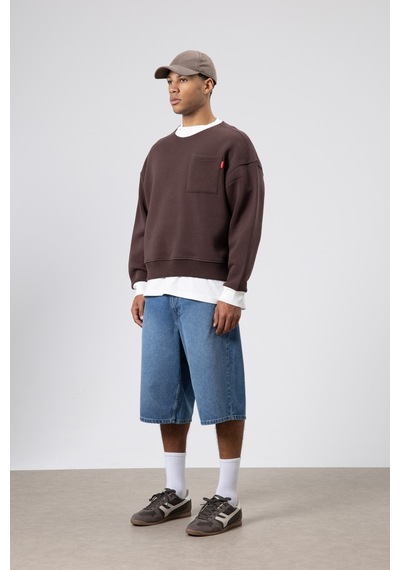 Vamos Bisiklet Yaka Cep Detaylı Oversize Sweatshirt Kahve