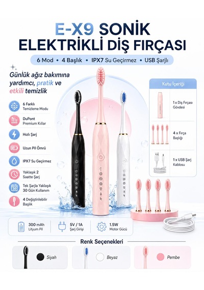 E-x9 Sonik Elektrikli Diş Fırçası 4 Başlıklı Şarjlı -6temizlik Modu Usb Şarjlı Ipx7 Suya Dayanıklı Beyaz