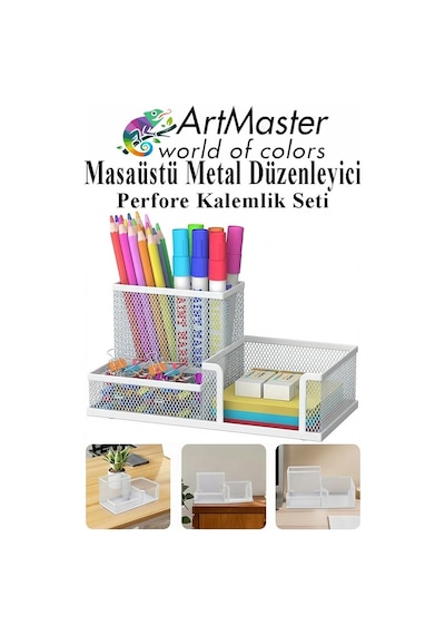 Beyaz Masaüstü Metal Kalemlik Seti 3 Lü Kombo 1 Paket Fileli Perfore Renkli Kalemlik Kağıtlık Küpnotluk Düzenleyici Beyaz