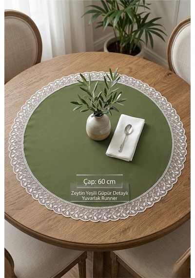 Haki Yeşil Yuvarlak Supla Runner Leke Tutmaz Su Geçirmez Çeyizlik Masa Örtüsü 60x60