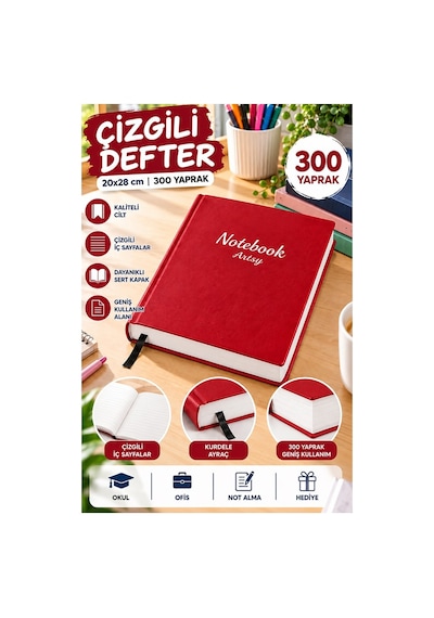 Ciltli Çizgili Defter 300 Yaprak 20x28cm 1 Adet Çok Yapraklı Sert Kapaklı Not Hesap Defteri Okul Ofis Büro Kırmızı
