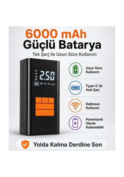 Kablosuz Hava Pompası 6000 Mah Şarjlı Dijital Ekranlı Lastik Şişirme Kompresörü Araç Bisiklet Motor Top Siyah