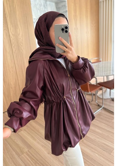 Kahijab Beli Büzgülü Deri Ceket - Bordo Bordo