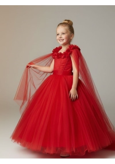 Zekids Kız Çocuk Kol Detaylı Prenses Model Abiye Elbise-17245 Kırmızı