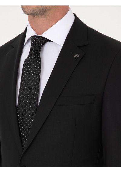 Cacharel Siyah Slim Fit Yün Karışımlı Mikro Desenli Takım Elbise