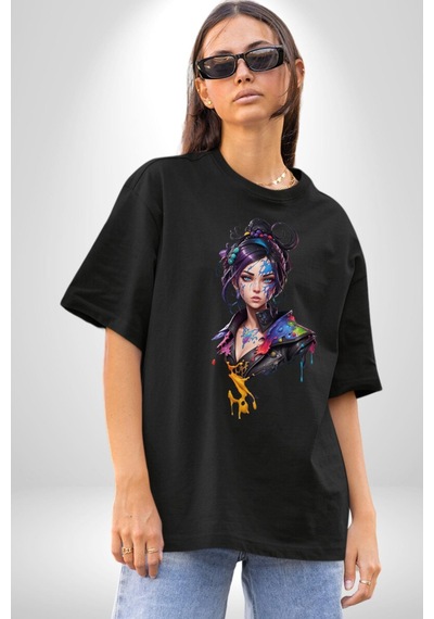 Süper Robot Kız Sulu Boya Pamuklu Bisiklet Yaka Unisex Oversize Boyfriend Dijital Baskılı Siyah T-shirt Siyah