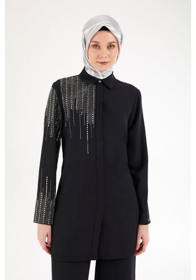 Armine Trend Taş Detaylı Gömlek Yaka İkili Takım-siyah 25yt602