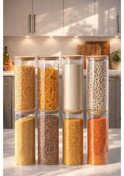 Porsima 4-4 Bambu Borosilikat Vakumlu Kapaklı Yuvarlak Cam 8li Kavanoz Seti Saklama Kabı 2100ml 10x30cm