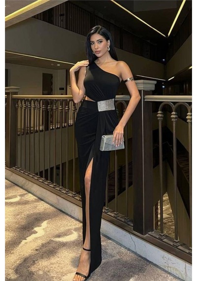 Lior Design Kadın Trend Model Sandy Kumaş Tek Omuz Balık Kesim Abiye Elbise Siyah