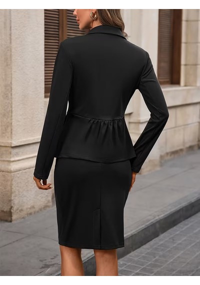 Bhrwear Kadın Uzun Kollu Yakalı Önden Düğmeli Susu Cepli Ithal Krep Bluz Ve Etek Ikili Takım Renkli