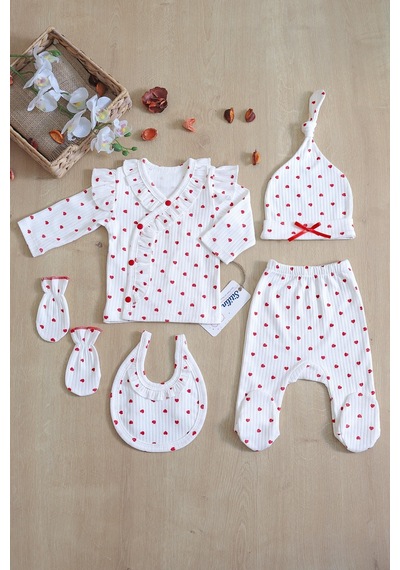 Sitilin Kız Bebek Beyaz Kalpli Lüks Süslü 5 Li Hastane Çıkışı Yenidoğan Set Stl6231 Beyaz