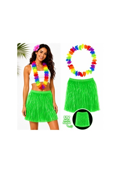 Neon - 3 - Yeşil Hawaii Etek 40 Cm Ve Rengarenk - Edntrend - Hawaii Kolye