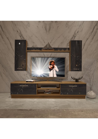 Decoraktiv Eko 5db Mdf Dvd Tv Ünitesi Tv Sehpası Pera - Siyah Mermer