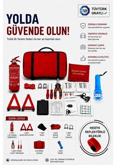 Araç Trafik Güvenlik Seti 1 Kg Yangın Sönürücü+il Yardım+reflektör+çekme Halatı+pense+tornavida-fener Reflektörlü Bileklik