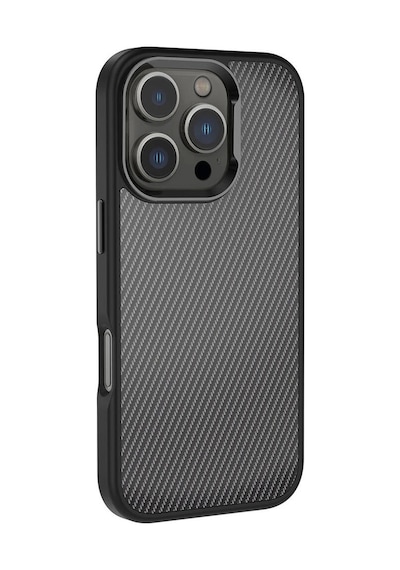 Apple Uyumlu iPhone 16 Pro Max Kılıf Karbon Fiber Görünümlü Parlak Kamera Çerçeveli Redclick Venus Kapak - Siyah