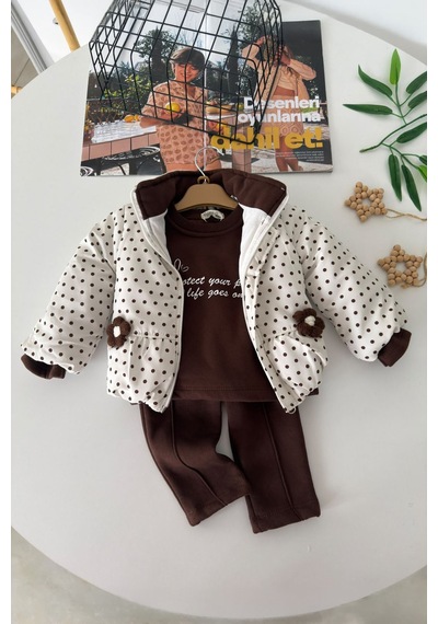 Minigimin Cicileri Puantiyeli Çiçek Aplikeli Şişme Montlu Kız Bebek 3 Lü Takım - Kahve