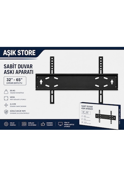Sabit Tv Askı Aparatı 32-65 İnç Universal Tv Duvar Askısı Vesa 600x400 50 Kg Lcd Led Oled Qled Metal Gövde