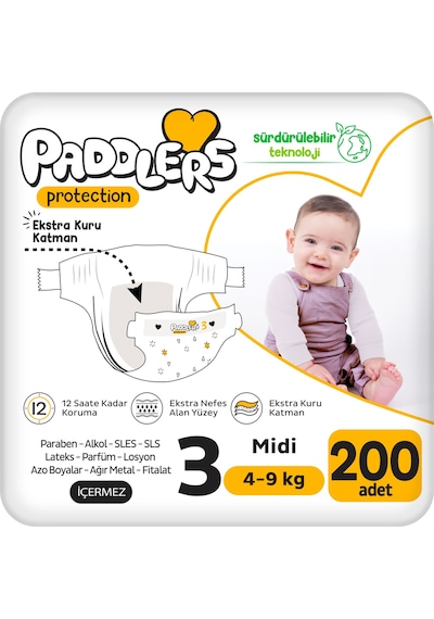 Protection Bebek Bezi 3 Numara Midi (4-9 Kg) 200 Adet – Ekstra Jumbo Set, Maksimum Koruma