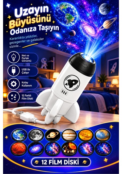 Roket Tasarımlı Yıldız Galaksi Projektörü 12 Diskli Tavan Duvar Yansıtmalı Uzay Gökyüzü Gece Lambası