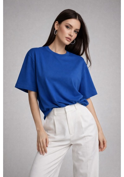Kadın Saks Mavi %100 Pamuk Oversize Basic Tişört Rahat Kalıp Relaxed Bisiklet Yaka T-shirt Saks Mavi