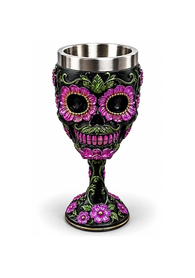 Day Of The Dead Şeker Kuru Kafa Tasarımlı 3d Kabartmalı Paslanmaz Çelik Kadeh Bardak 18x7 Cm Çok Renkli