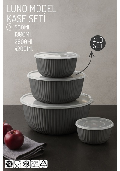 Luno Model 4 Lü Kapaklı Kase Seti 500/1300/2600/4200ml - Saklama Kabı Seti Antrasit