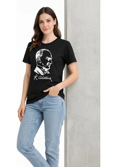 Wear Vexel Kadın Atatürk Baskılı Tişört Kısa Kollu Bisiklet Yaka T-shirt - Siyah Siyah