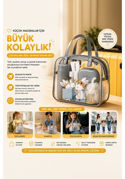 Porsima 3145 Tavşan Figürlü Seyahat Seti - Diş Fırçası Kutusu Banyo Lifi Sabun Kutusu Gri Gri