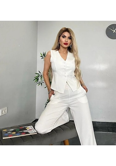 Tane Tasarım Kadın Yelek Pantolon Takım Kadın Şık Yelekli Takım - Dar Kalıptır Beyaz Beyaz