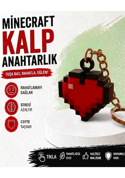 Minecraft Kalp Anahtarlık Basmalı Fidget Pixel Kalp Anahtarlık Kırmızı