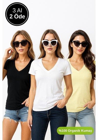 Kadın 3'lü Paket Siyah-sarı-beyaz %100 Organik Pamuk Normal Kesim Tişört V Yaka T-shirt Çok Renkli