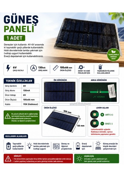 69x100mm 6 Volt - 0.8 Watt - 0.13a Solar Pil Güneş Paneli