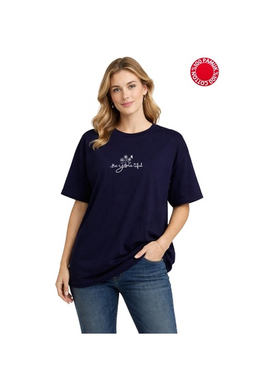 Beyoutıful Baskılı Lacivert Oversize Tişört - %100 Pamuk Lacivert