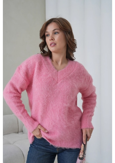 Park Karon Kadın V Yaka Sakal Dokulu Şardonlu Oversize Triko Kazak 8695 Pembe
