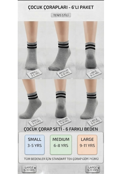 Km Collections 6'lı Çocuk Tenis Çorabı Gri