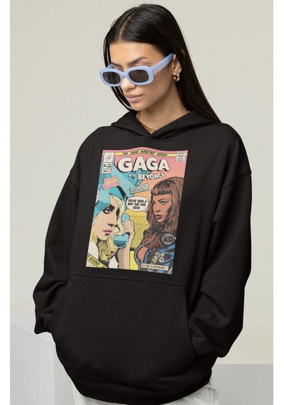 Sevbano Tasarım Lady Gaga With Beyonce Baskılı Unisex Oversize Şarkıcı Ho Siyah