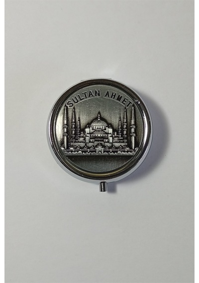 Mini Taşınabilir Cep Küllüğü - Mini Cep Küllüğü - Çanta Küllüğü 5cm - Sultanahmet Desenli Kapaklı Metal Mini Kül Tabağı Gümüş Rengi