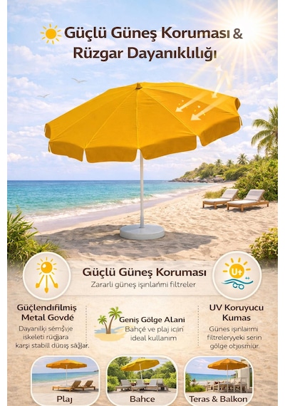 Sarı Renkli 200 Cm Çap Ve 10 Telli Plaj Şemsiyesi + Şemsiye Kılıfı, Bidonsuz