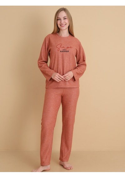 Wordex Mırano 3150 Selanik Kumaş Kışlık Kalın Kumaşlı Kadın Pijama Takımı Kiremit
