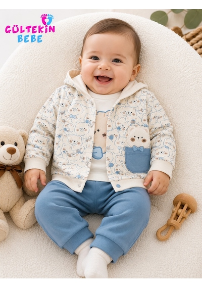Agucuk Baby Papyonlu Ayıcıklar Ceketli 3 Lü Erkek Takım 3-12 Aylık -ba455947281 - Mavi