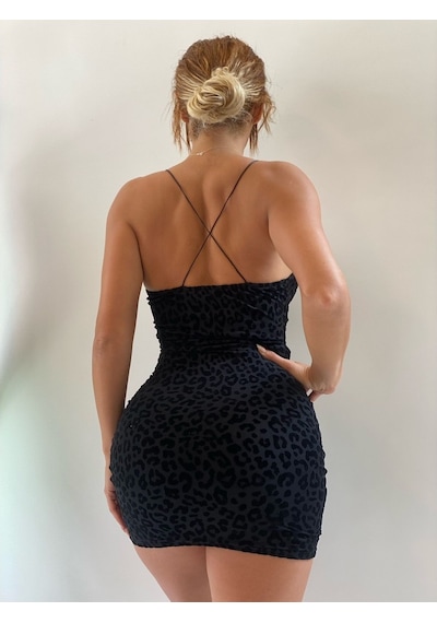 Pink Life Siyah Tül Üzeri Flog Baskılı Leopar Desenli Mini Elbise
