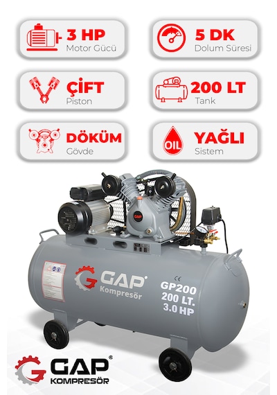 Gap Kompresör GP200  Pistonlu 200 L 2 Kafa 8 Bar Hava Kompresörü