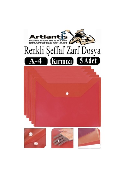 Kırmızı A4 Çıtçıtlı Dosya Şeffaf Renkli Zarf Dosya 5 Adet Çıt Çıtlı Dosya Su Geçirmez 100 Yaprak Kapasite