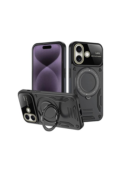 Mey İthalat Apple Uyumlu iPhone 16 Kılıf Joy Lens Standlı Kapak - Siyah