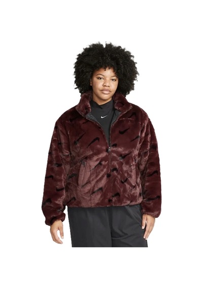 Nike Sportswear Loose Fit Printed Faux Fur Jackret Geniş Kalıp Suni Kürk Kadın Ceket Bordo Bordo
