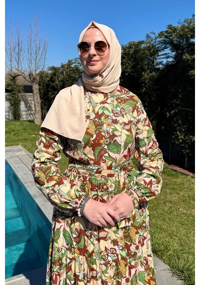 Rabia Şamlı Tropikal Desenli Elbise Normal