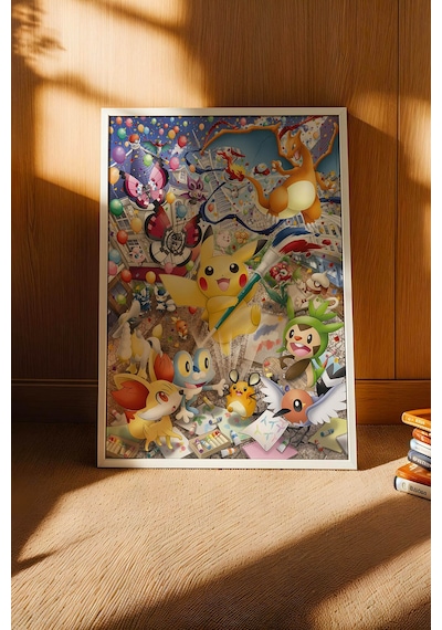 Pikachu Sanat Festivali Çerçeveli Tablo - Lüks Çok Renkli Pokemon Anime Çocuk Odası Duvar Dekoru Beyaz