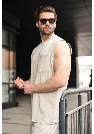 Madmext Boyalı Gri Bisiklet Yaka Kolsuz Erkek Şort T-shirt Takım E7351 Boyalı Gri