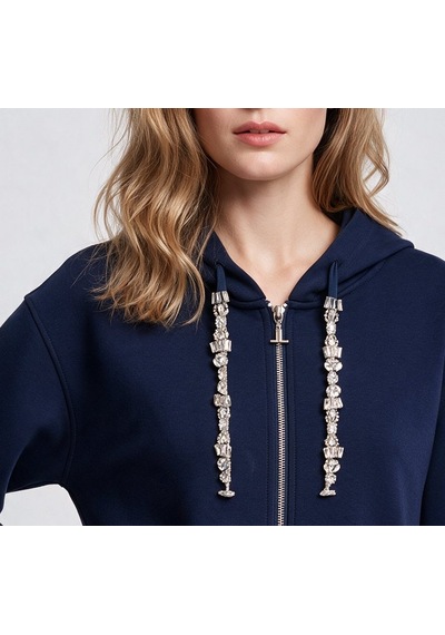Bsb Kadın Kapüşonlu Fermuarlı Kısa Sweatshirt Hırka Kristal Taş İşlemeli İpli Mavi